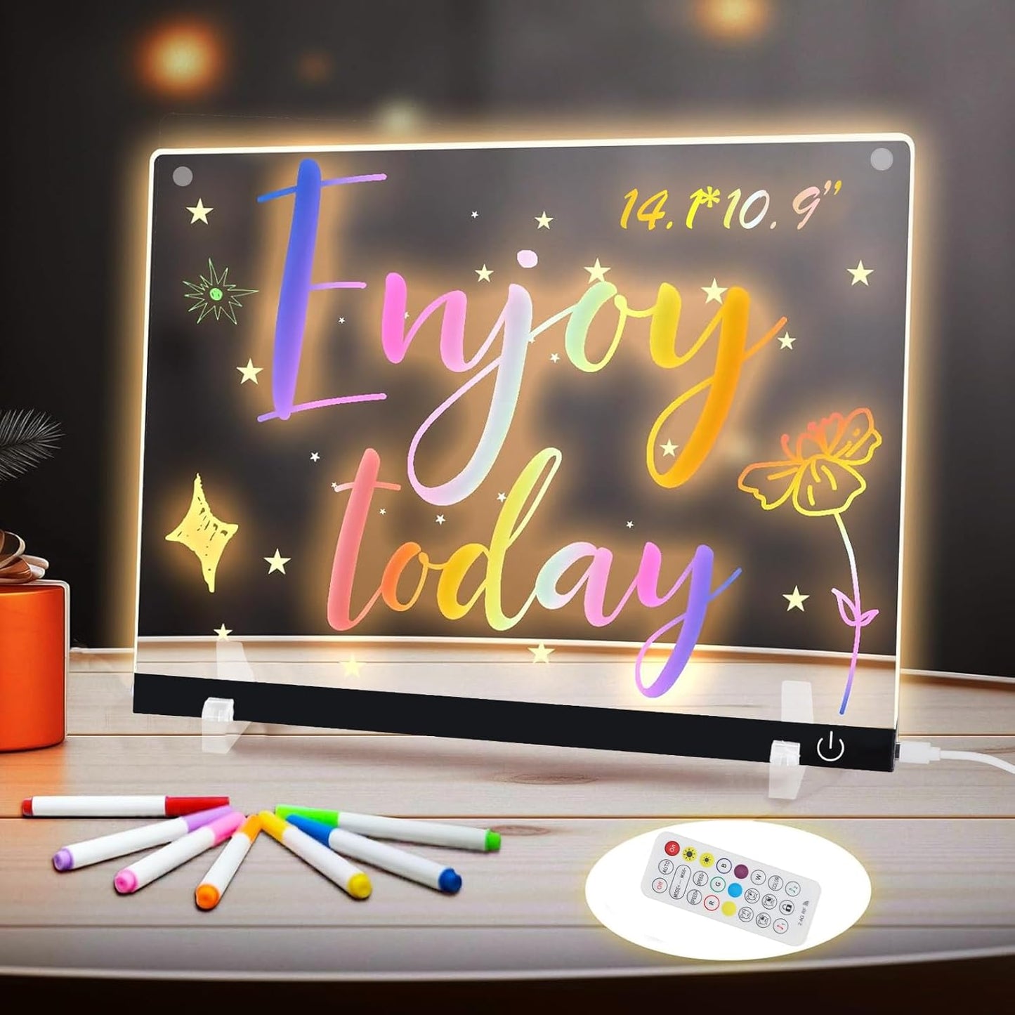 Acrylic Dry Erase Board with 7+Mixed Color LED Light-Up Memo Board w/Music Sync, APP & Remote Control, Stand, 12 Markers - Versatile Night Light for Room, Office -14.1"x10.9" Neon Glow Display (Black)