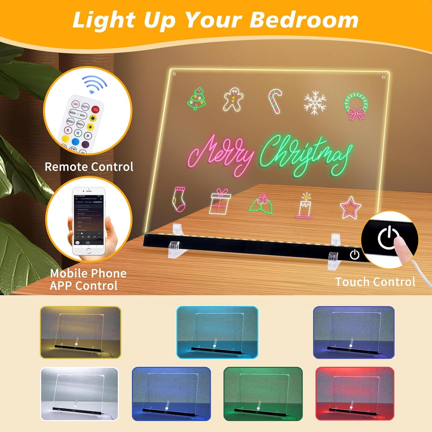 Acrylic Dry Erase Board with 7+Mixed Color LED Light-Up Memo Board w/Music Sync, APP & Remote Control, Stand, 12 Markers - Versatile Night Light for Room, Office -14.1"x10.9" Neon Glow Display (Black)
