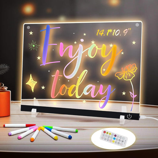 Acrylic Dry Erase Board with 7+Mixed Color LED Light-Up Memo Board w/Music Sync, APP & Remote Control, Stand, 12 Markers - Versatile Night Light for Room, Office -14.1"x10.9" Neon Glow Display (Black)