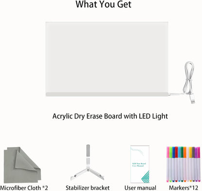 LED Note Board with Colors 12-Color Illuminated Acrylic Drawing Board - Dry-Erase Night Light with Stand for Home/Office/Gift/Festival