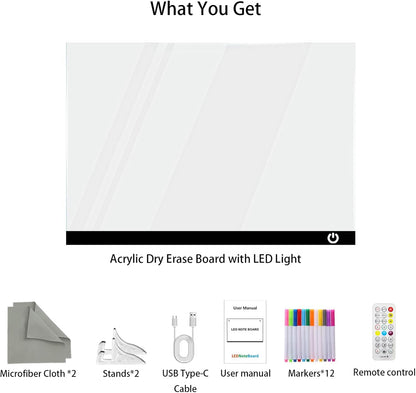 Acrylic Dry Erase Board with 7+Mixed Color LED Light-Up Memo Board w/Music Sync, APP & Remote Control, Stand, 12 Markers - Versatile Night Light for Room, Office -14.1"x10.9" Neon Glow Display (Black)